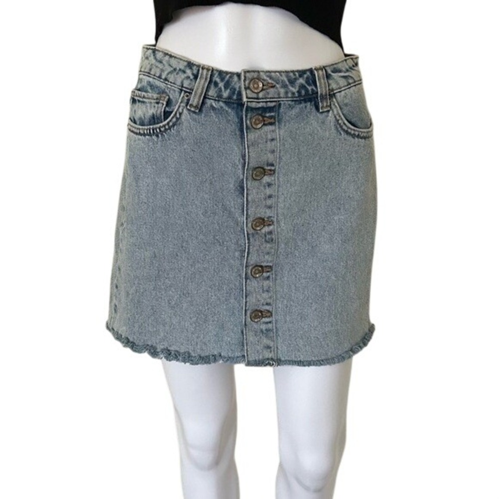 Zara Blue Light Wash High Waisted Front Button Raw Hem Denim Mini Jean Skirt XS